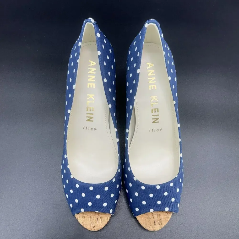 New Anne Klein Womens 8.5M Blue White Polka Dot Peep-Toe Cork Block Heels Megan2 - Picture 9 of 9